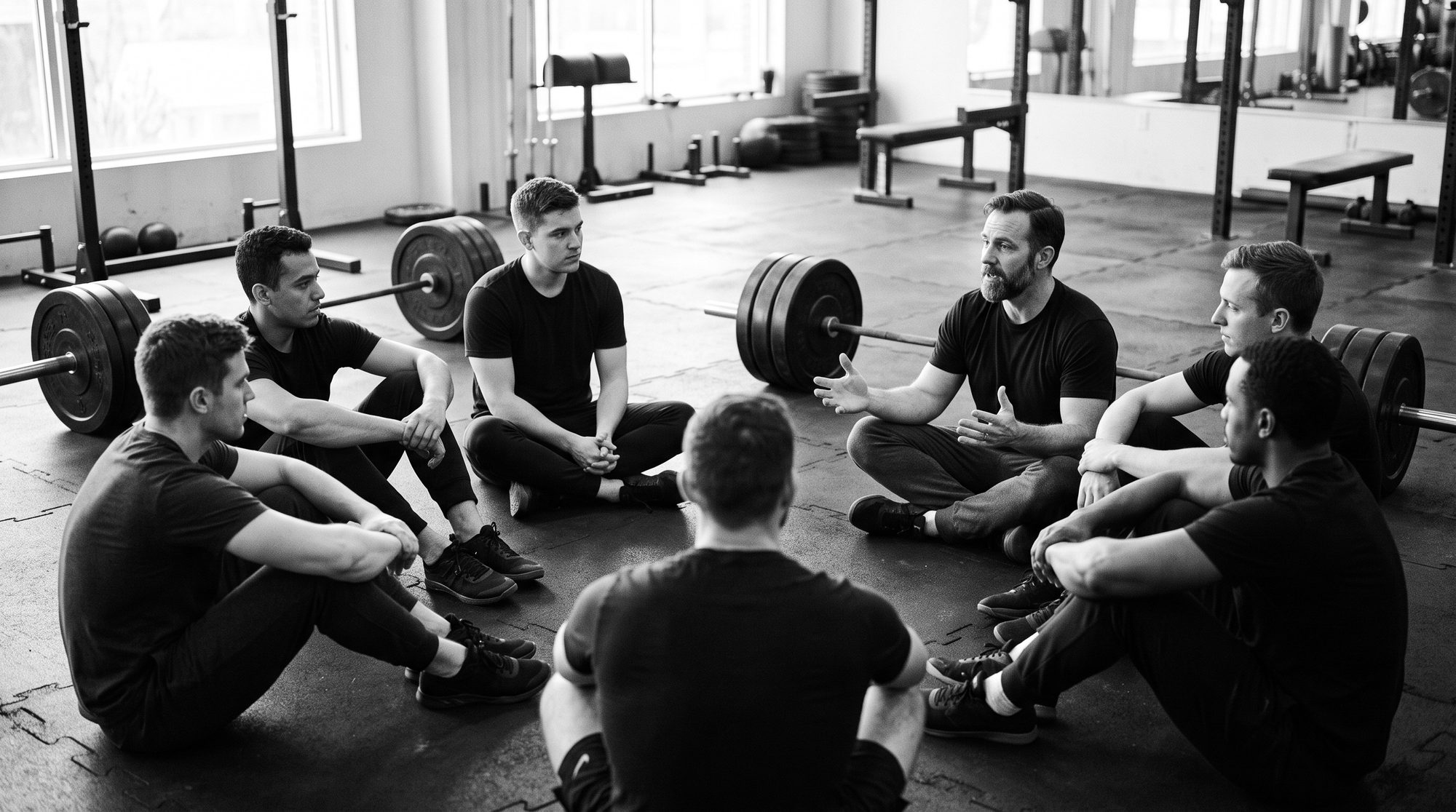 Men seated in a circle in conversation after training