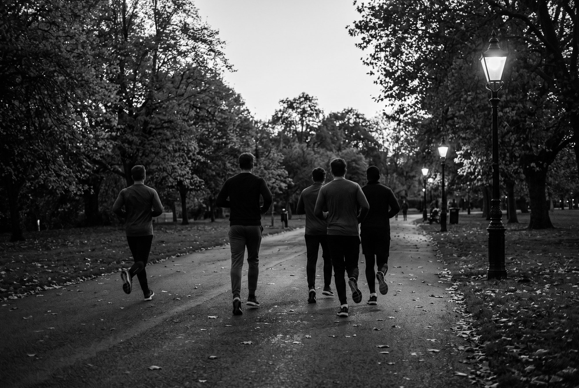 Runners silhouetted under park lamp posts at dusk