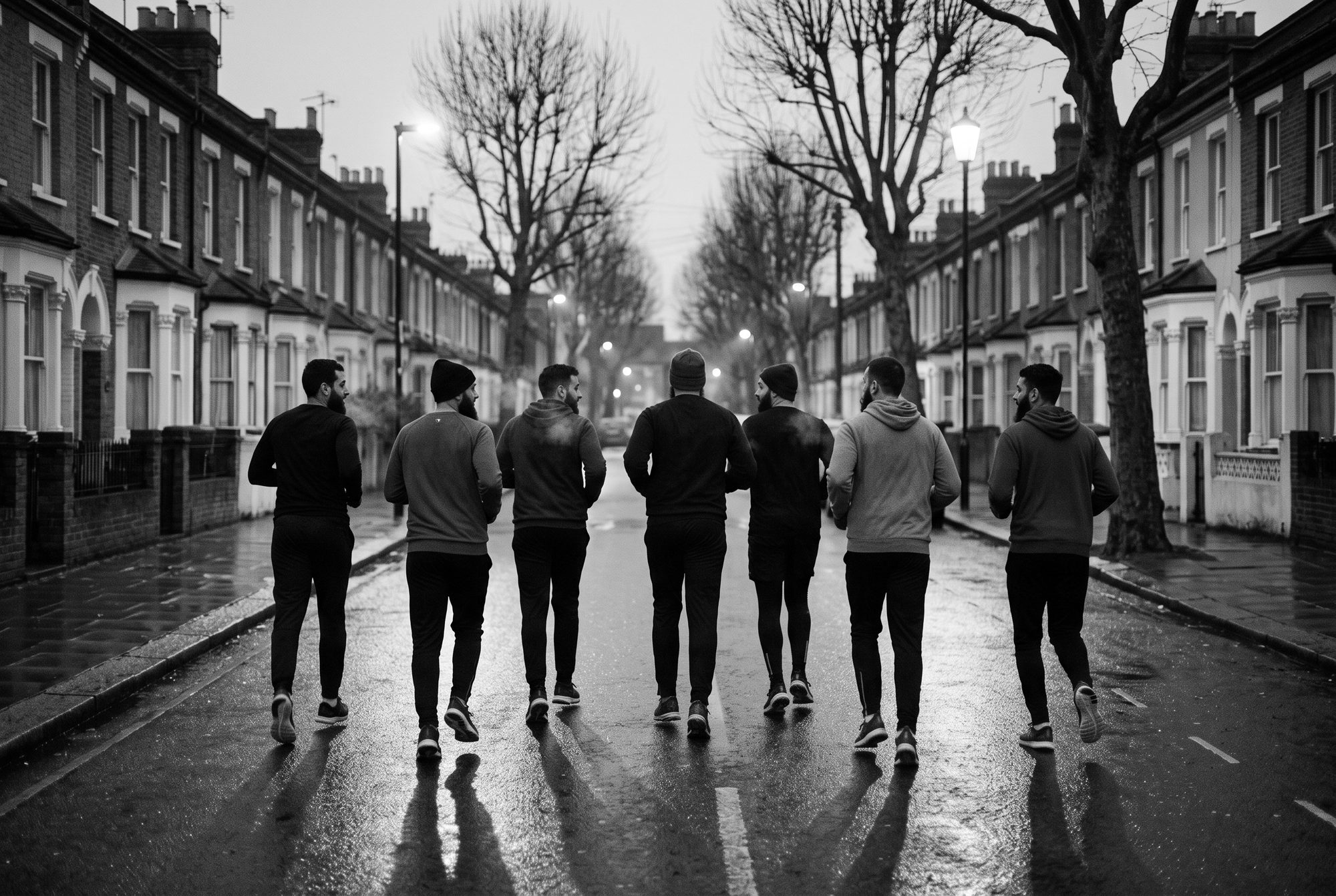 A group of men running down a wet East London street at first light