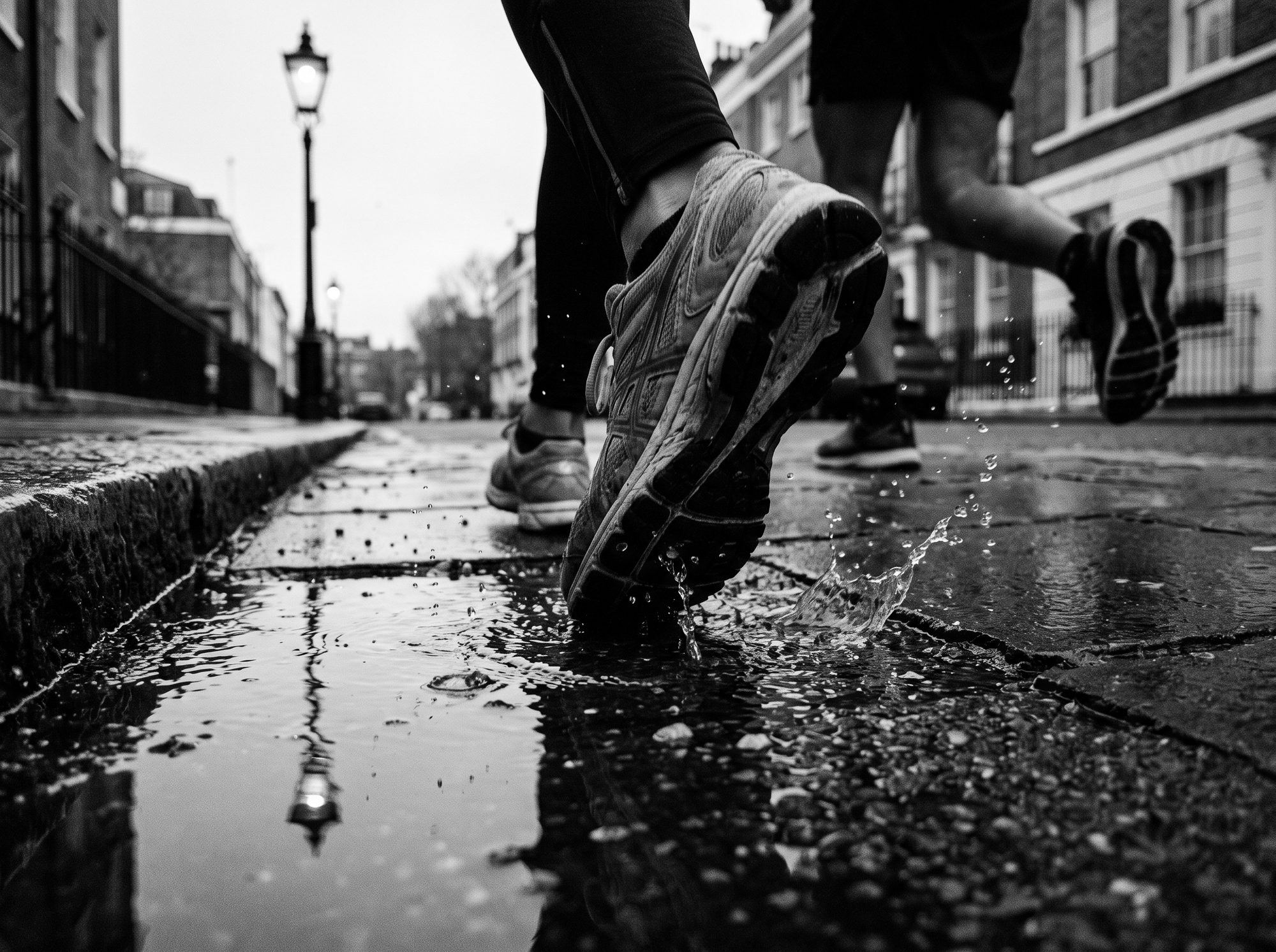 Running shoes splashing on a wet pavement at dawn