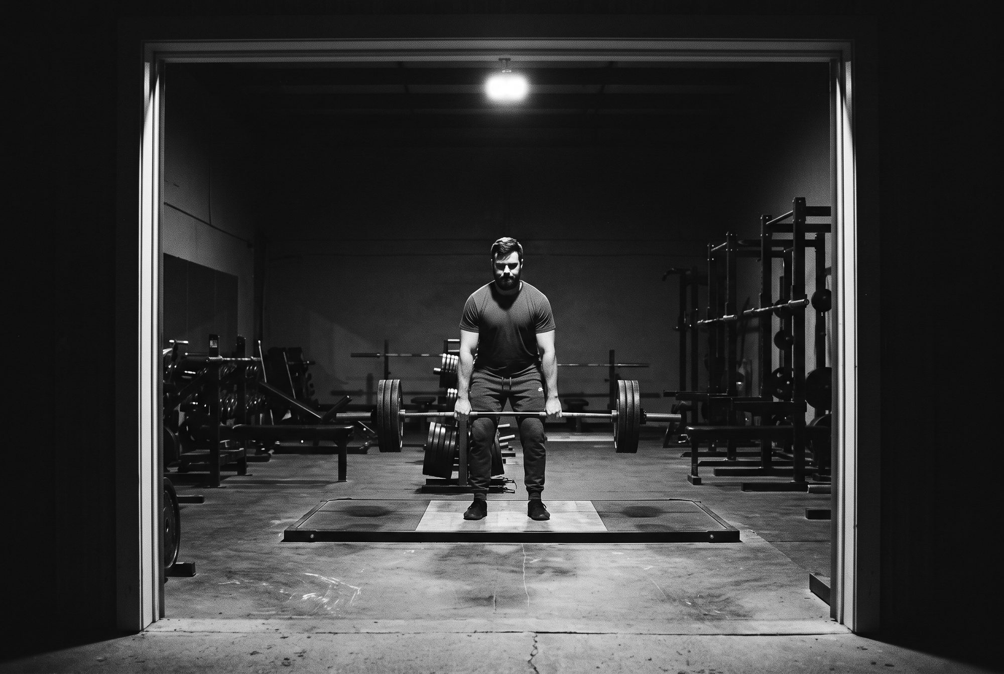 A lone man deadlifting in an empty, dark gym