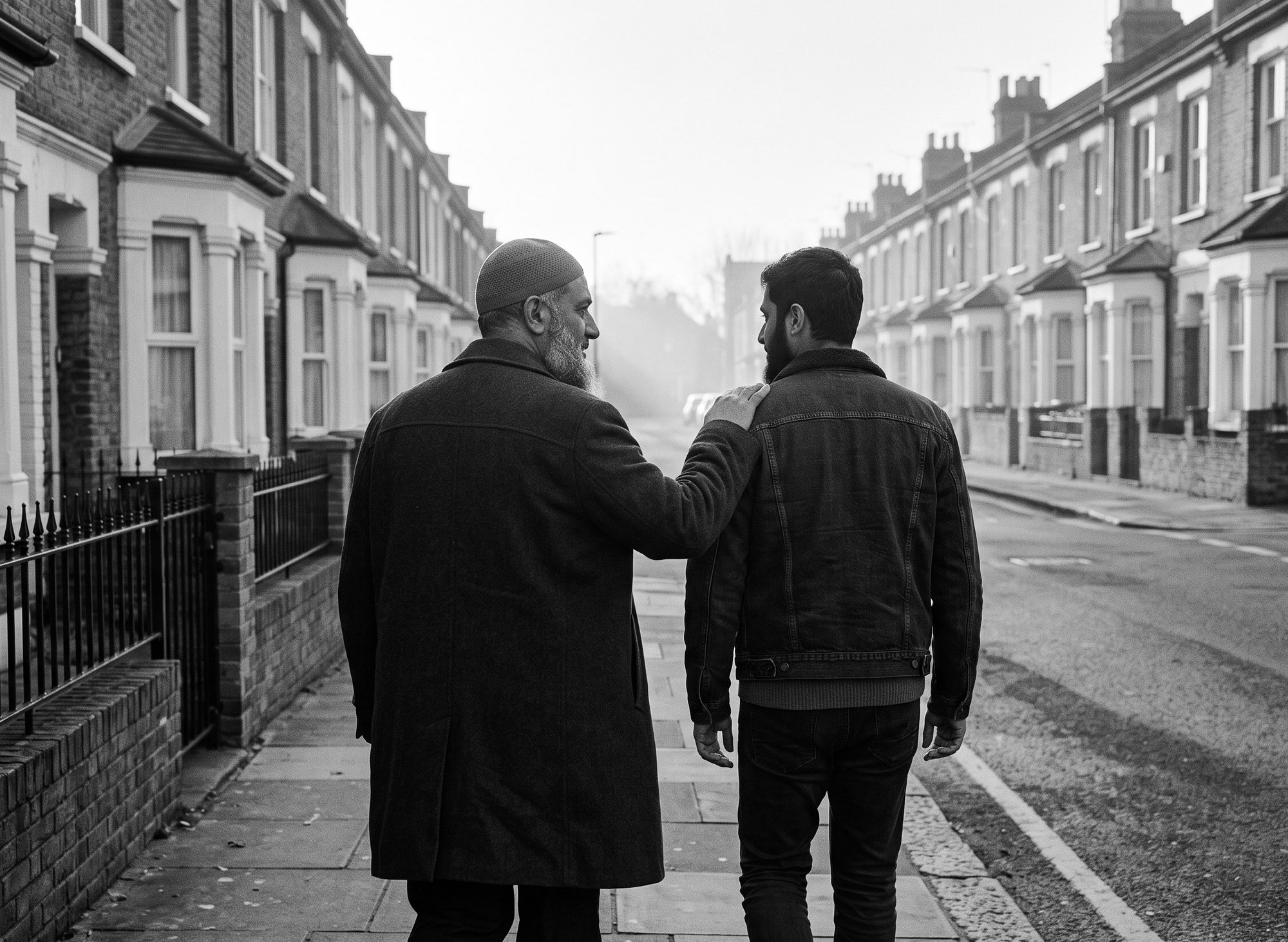 An older man with his hand on a younger man's shoulder, walking at sunrise