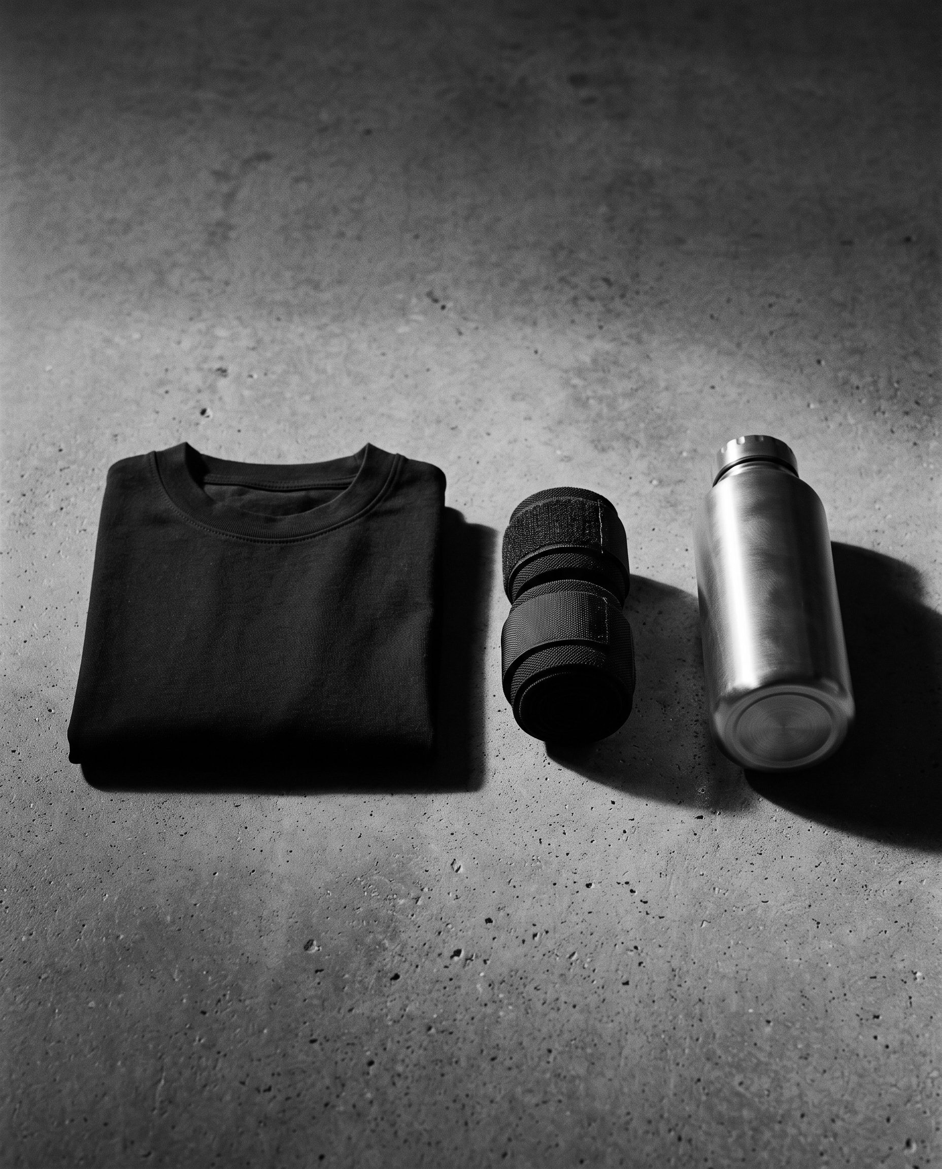 A folded black t-shirt, wrist wraps and a steel bottle on concrete