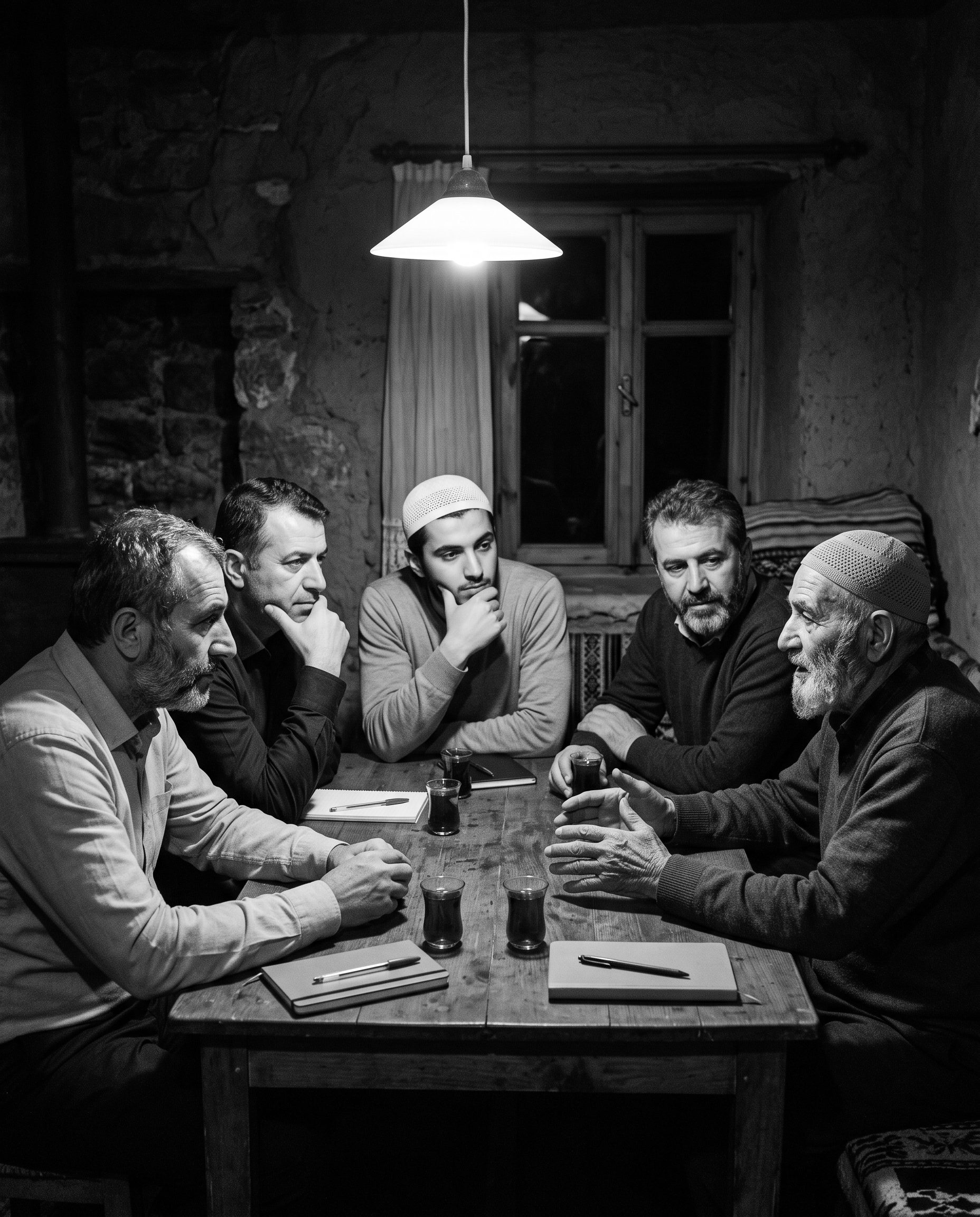 Men of different ages around a table listening to an elder